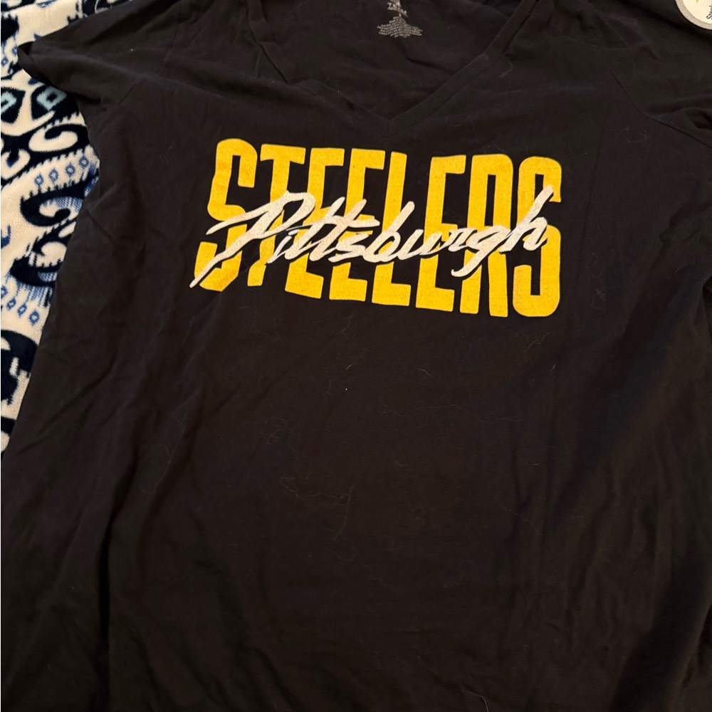 NFL Black V-Neck Pittsburgh Steelers Graphic Tee with Yellow Logo